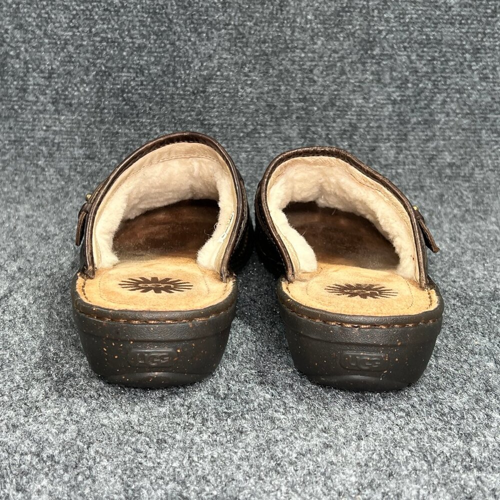 UGG Livia Mules Women's 10 Brown Leather Slip On‎ Shearling Lined Shoes Loafers - Picture 5 of 10